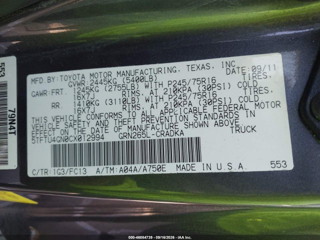 Продажа на аукционе авто 2012 Toyota Tacoma Prerunner V6, vin: 5TFTU4GN0CX012994, номер лота: 46084739
