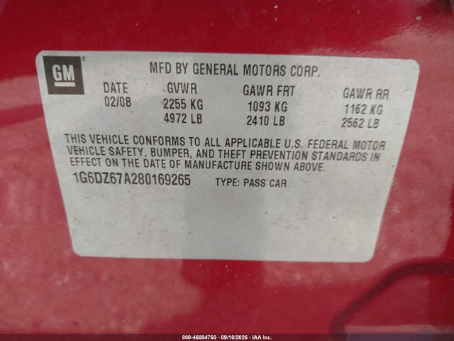 46084760 :رقم المزاد ، 1G6DZ67A280169265 vin ، 2008 Cadillac Sts V8 مزاد بيع