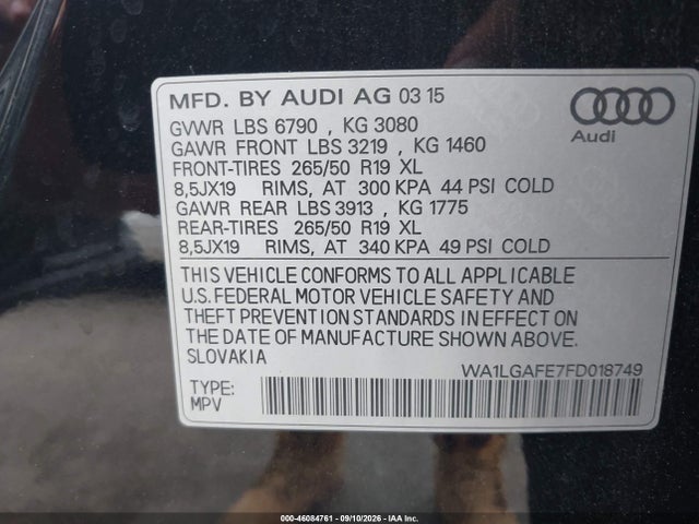 Aukcja sprzedaży 2015 Audi Q7 3.0t Premium, vin: WA1LGAFE7FD018749, numer aukcji: 46084761