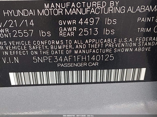 2015 Hyundai Sonata Sport მანქანა იყიდება აუქციონზე, vin: 5NPE34AF1FH140125, აუქციონის ნომერი: 46084765