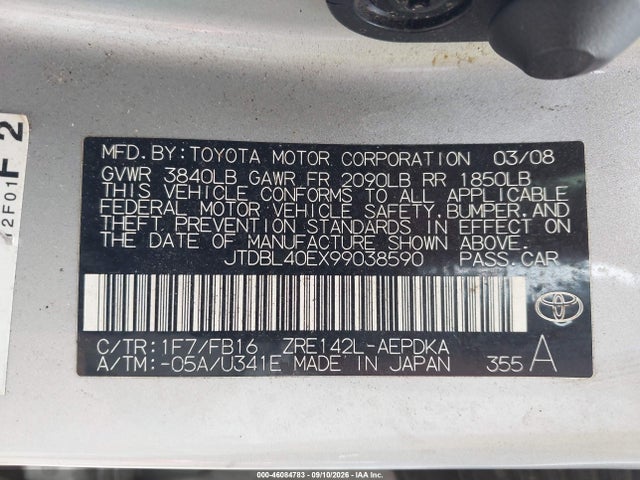 Aukcja sprzedaży 2009 Toyota Corolla Le, vin: JTDBL40EX99038590, numer aukcji: 46084783