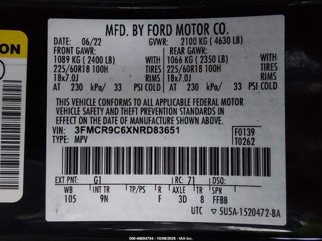 2022 Ford Bronco Sport Outer Banks მანქანა იყიდება აუქციონზე, vin: 3FMCR9C6XNRD83651, აუქციონის ნომერი: 46084784