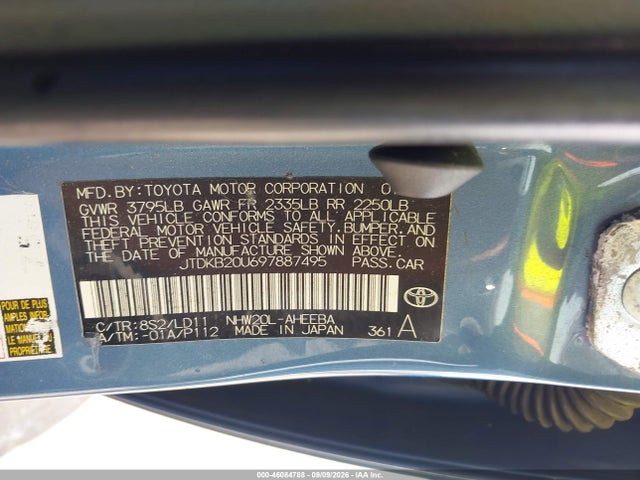 46084788 :رقم المزاد ، JTDKB20U697887495 vin ، 2009 Toyota Prius مزاد بيع
