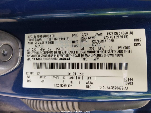 Продажа на аукционе авто 2022 Ford Escape Se, vin: 1FMCU0G65NUC04834, номер лота: 46084790