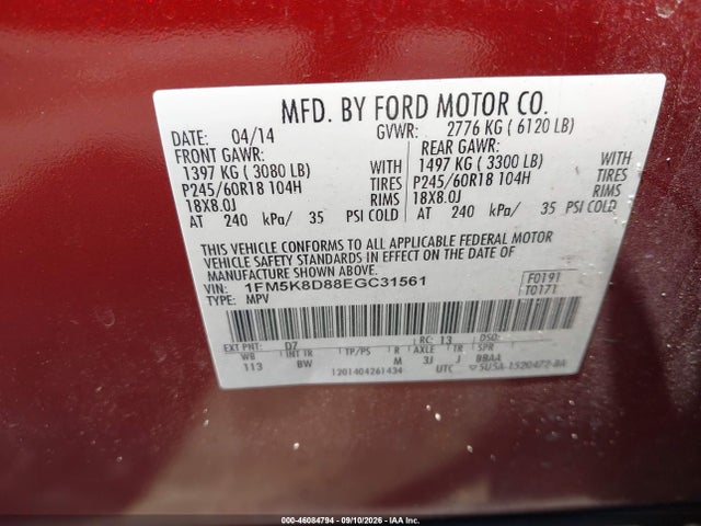 Aukcja sprzedaży 2014 Ford Explorer Xlt, vin: 1FM5K8D88EGC31561, numer aukcji: 46084794