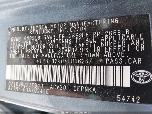 Aukcja sprzedaży 2004 Toyota Camry Le, vin: 4T1BE32K04U866267, numer aukcji: 46084797