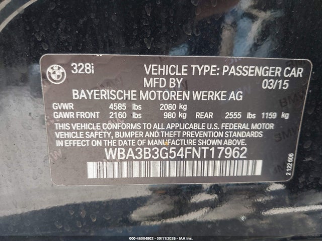 Aukcja sprzedaży 2015 Bmw 328i Xdrive, vin: WBA3B3G54FNT17962, numer aukcji: 46084802