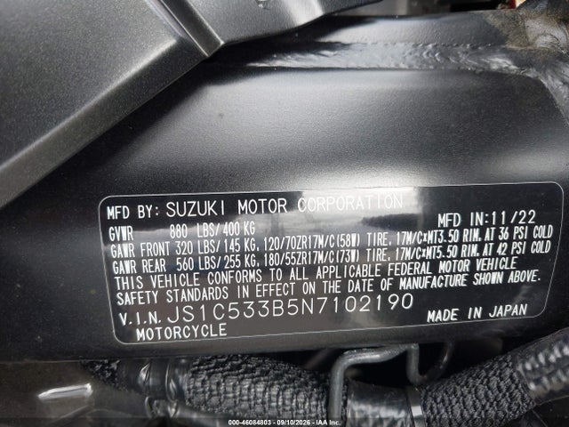 2022 Suzuki Gsx-s750 M/z მანქანა იყიდება აუქციონზე, vin: JS1C533B5N7102190, აუქციონის ნომერი: 46084803