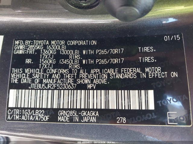 2015 Toyota 4runner Sr5 Premium მანქანა იყიდება აუქციონზე, vin: JTEBU5JR2F5230637, აუქციონის ნომერი: 46084821