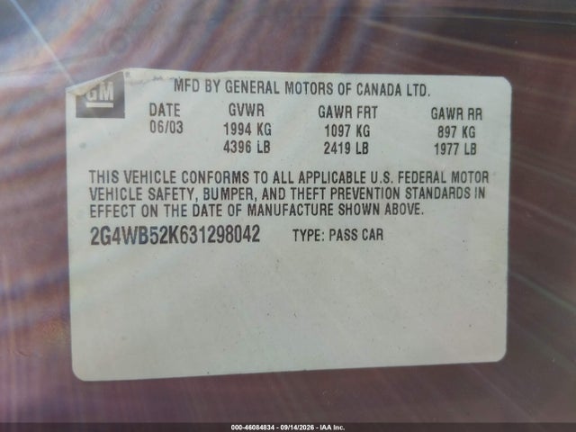 46084834 :رقم المزاد ، 2G4WB52K631298042 vin ، 2003 Buick Regal Ls مزاد بيع