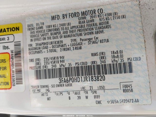 46084839 :رقم المزاد ، 3FA6P0HD1JR183820 vin ، 2018 Ford Fusion Se مزاد بيع