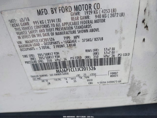 Продажа на аукционе авто 2018 Ford Ecosport Ses, vin: MAJ6P1CL1JC201526, номер лота: 46084848