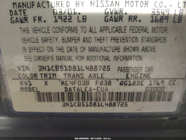 46084859 :رقم المزاد ، 3N1CB51D81L488725 vin ، 2001 Nissan Sentra Gxe مزاد بيع