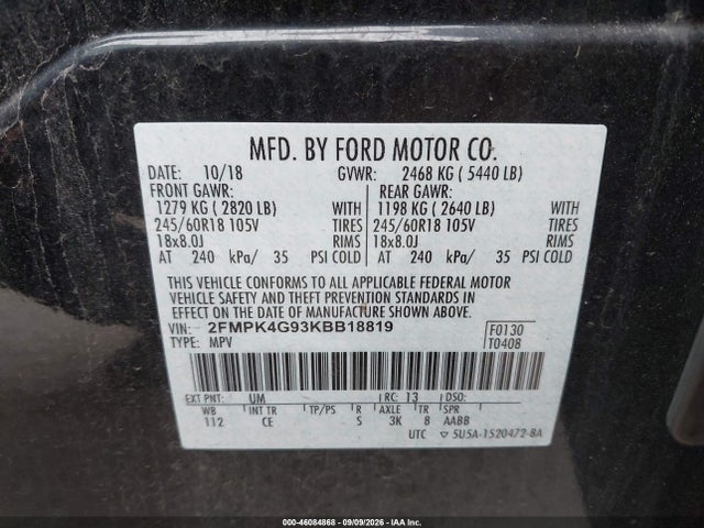 2019 Ford Edge Se მანქანა იყიდება აუქციონზე, vin: 2FMPK4G93KBB18819, აუქციონის ნომერი: 46084868