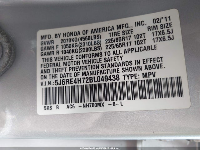 Продаж на аукціоні авто 2011 Honda Cr-v Ex-l, vin: 5J6RE4H72BL049438, номер лоту: 46084882