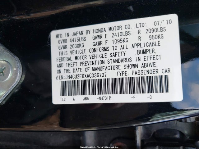 46084892 :رقم المزاد ، JH4CU2F6XAC036737 vin ، 2010 Acura Tsx 2.4 مزاد بيع