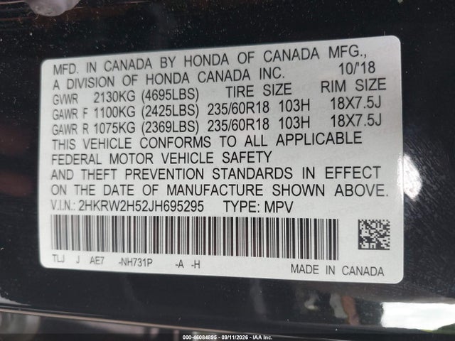 Продаж на аукціоні авто 2018 Honda Cr-v Ex, vin: 2HKRW2H52JH695295, номер лоту: 46084895