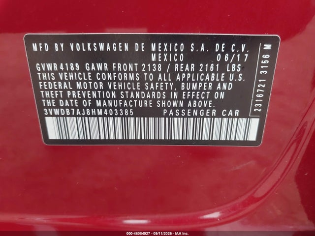 46084927 :رقم المزاد ، 3VWDB7AJ8HM403385 vin ، 2017 Volkswagen Jetta 1.4t Se مزاد بيع
