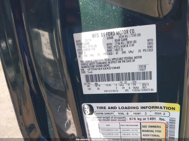 46084932 :رقم المزاد ، 1FTFW1EFXEKD13645 vin ، 2014 Ford F-150 Lariat مزاد بيع
