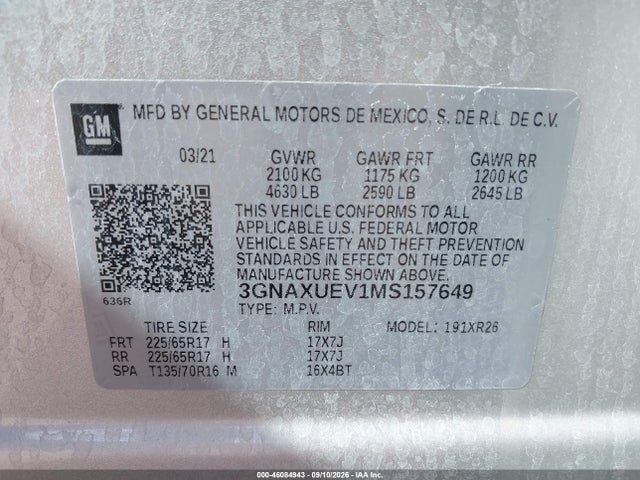 Продажа на аукционе авто 2021 Chevrolet Equinox Awd Lt, vin: 3GNAXUEV1MS157649, номер лота: 46084943
