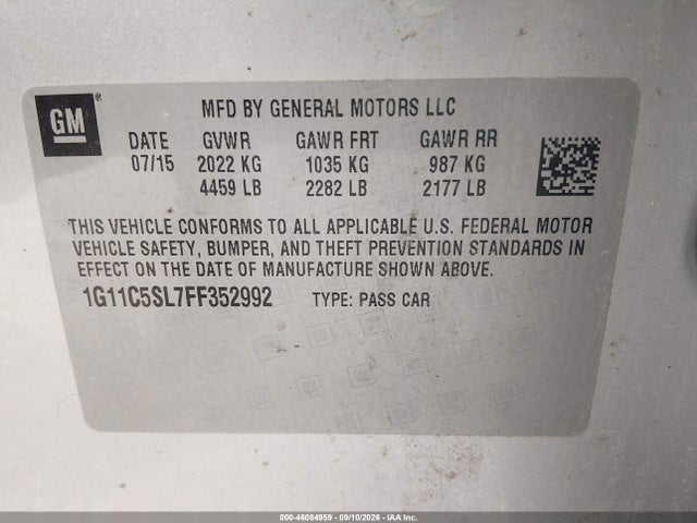 46084959 :رقم المزاد ، 1G11C5SL7FF352992 vin ، 2015 Chevrolet Malibu 1lt مزاد بيع