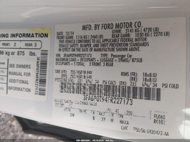 2015 Ford Fusion Se მანქანა იყიდება აუქციონზე, vin: 3FA6P0T94FR227173, აუქციონის ნომერი: 46084961