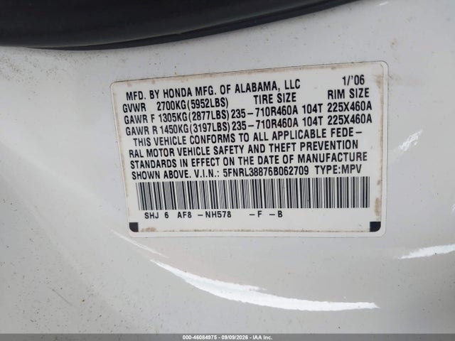 2006 Honda Odyssey Touring მანქანა იყიდება აუქციონზე, vin: 5FNRL38876B062709, აუქციონის ნომერი: 46084975