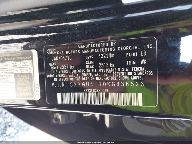 Продажа на аукционе авто 2019 Kia Optima Ex, vin: 5XXGU4L10KG336523, номер лота: 46084984