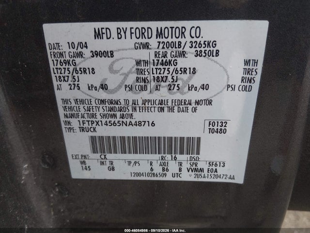 Продажа на аукционе авто 2005 Ford F-150 Fx4/lariat/xl/xlt, vin: 1FTPX14565NA48716, номер лота: 46084986