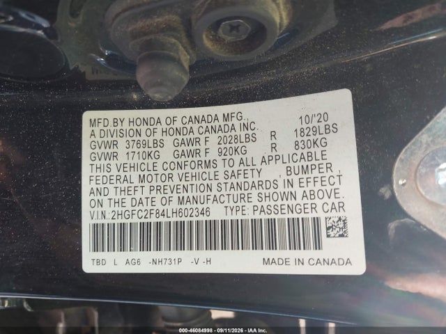 Продаж на аукціоні авто 2020 Honda Civic Sport, vin: 2HGFC2F84LH602346, номер лоту: 46084998