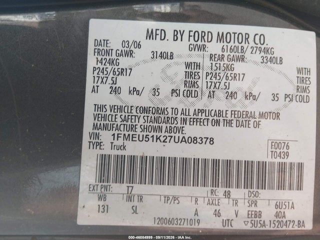46084999 :رقم المزاد ، 1FMEU51K27UA08378 vin ، 2007 Ford Explorer Sport Trac Xlt مزاد بيع