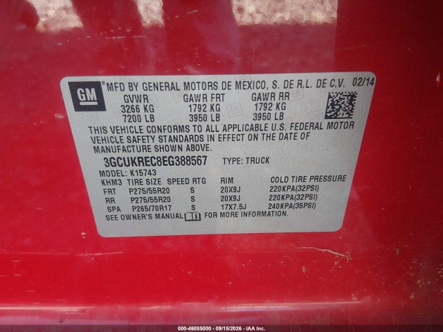 Aukcja sprzedaży 2014 Chevrolet Silverado 1500 2lt, vin: 3GCUKREC8EG388567, numer aukcji: 46085000