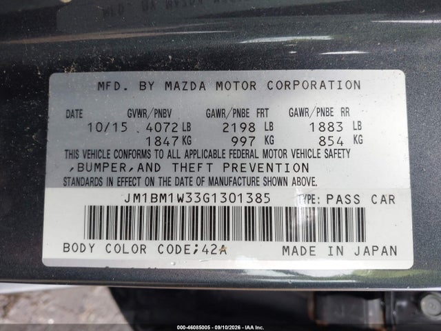 Aukcja sprzedaży 2016 Mazda Mazda3 S Touring, vin: JM1BM1W33G1301385, numer aukcji: 46085005