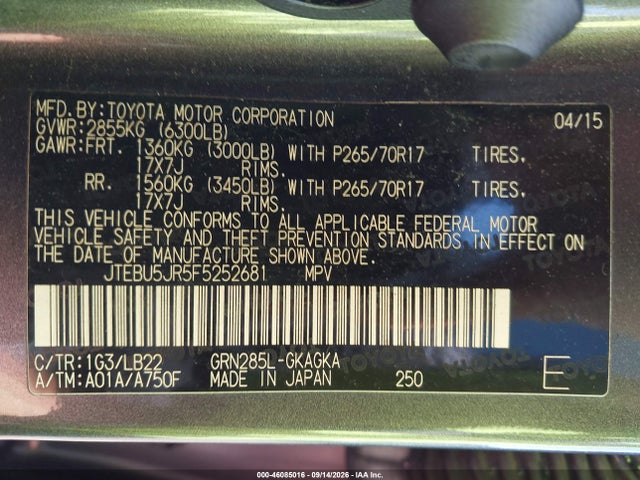 2015 Toyota 4runner Sr5 Premium მანქანა იყიდება აუქციონზე, vin: JTEBU5JR5F5252681, აუქციონის ნომერი: 46085016