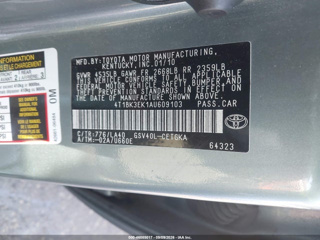 Aukcja sprzedaży 2010 Toyota Camry Xle V6, vin: 4T1BK3EK1AU609103, numer aukcji: 46085017