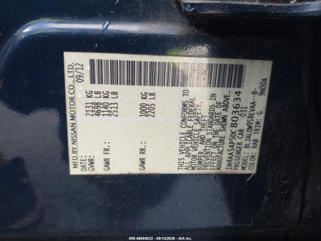 2013 Nissan Maxima 3.5 S მანქანა იყიდება აუქციონზე, vin: 1N4AA5AP5DC803634, აუქციონის ნომერი: 46085022