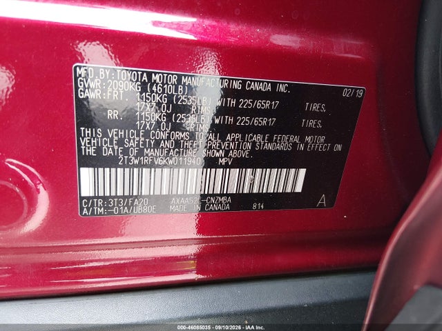 46085035 :رقم المزاد ، 2T3W1RFV6KW011940 vin ، 2019 Toyota Rav4 Xle مزاد بيع