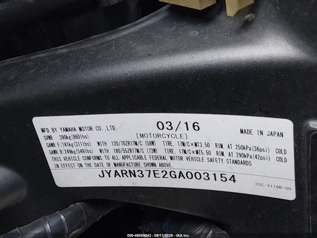 Продажа на аукционе авто 2016 Yamaha Fj09, vin: JYARN37E2GA003154, номер лота: 46085043