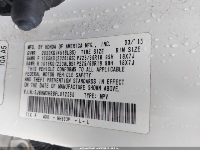 46085042 :رقم المزاد ، 5J6RM3H98FL012060 vin ، 2015 Honda Cr-v Touring مزاد بيع