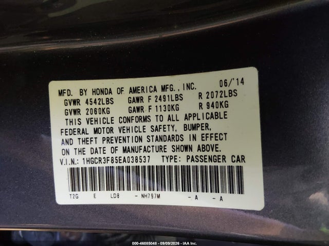 Aukcja sprzedaży 2014 Honda Accord Ex-l V-6, vin: 1HGCR3F85EA038537, numer aukcji: 46085048