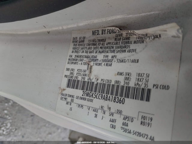2010 Ford Flex Sel მანქანა იყიდება აუქციონზე, vin: 2FMGK5CC9ABA18360, აუქციონის ნომერი: 46085049
