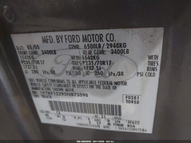 2005 Ford F-150 Stx/xl/xlt მანქანა იყიდება აუქციონზე, vin: 1FTRF12295NB73598, აუქციონის ნომერი: 46085056