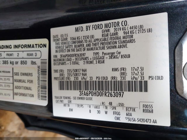 46085057 :رقم المزاد ، 3FA6P0HD0FR263097 vin ، 2015 Ford Fusion Se مزاد بيع