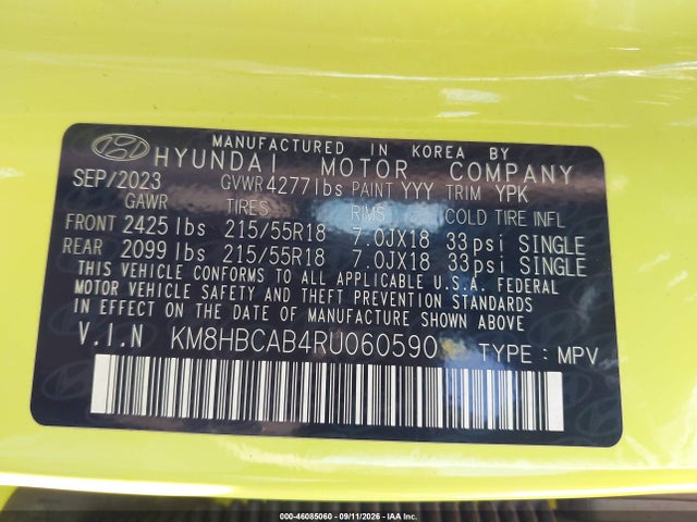 Продаж на аукціоні авто 2024 Hyundai Kona Sel, vin: KM8HBCAB4RU060590, номер лоту: 46085060