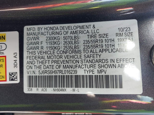 Aukcja sprzedaży 2024 Honda Cr-v Hybrid Sport Touring, vin: 5J6RS6H97RL016239, numer aukcji: 46085072