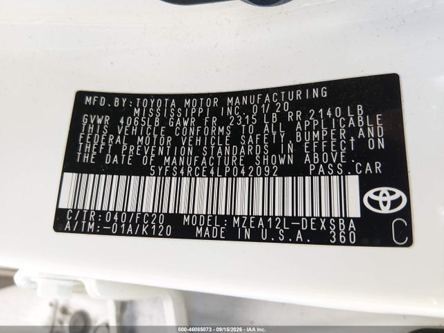 Продажа на аукционе авто 2020 Toyota Corolla Se, vin: 5YFS4RCE4LP042092, номер лота: 46085073