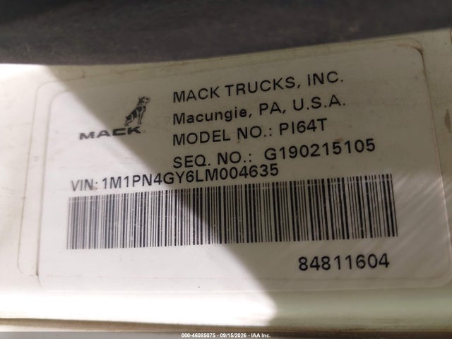 46085075 :رقم المزاد ، 1M1PN4GY6LM004635 vin ، 2020 Mack Pinnacle مزاد بيع