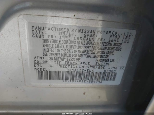 Продажа на аукционе авто 2014 Nissan Sentra Sv, vin: 3N1AB7AP1EY224798, номер лота: 46085081