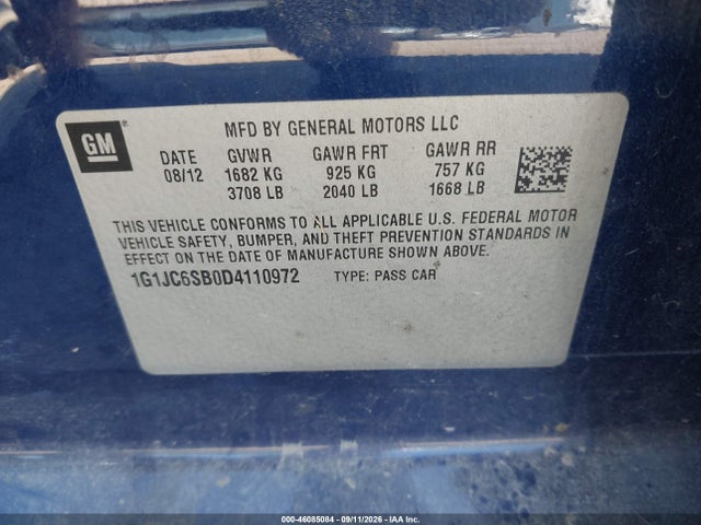 Продажа на аукционе авто 2013 Chevrolet Sonic Lt Auto, vin: 1G1JC6SB0D4110972, номер лота: 46085084