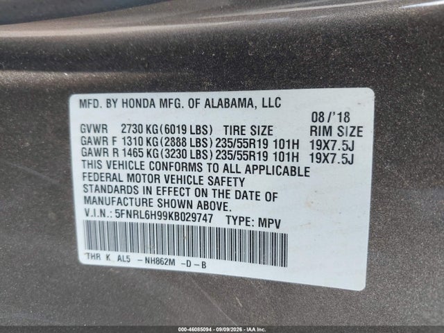 Aukcja sprzedaży 2019 Honda Odyssey Elite, vin: 5FNRL6H99KB029747, numer aukcji: 46085094